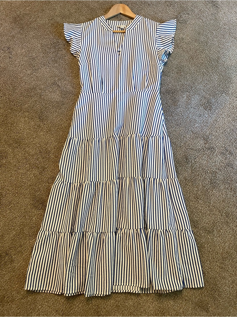 Cato Blue and White Striped Tiered Midi Dress V-Neck Size S nautical resortwear - Picture 5 of 9